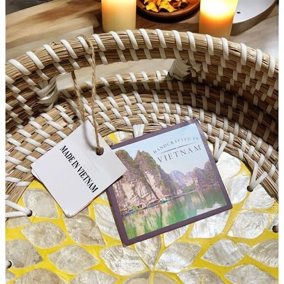 Halinh Rattan & Bamboo Seagrass Round Tray Nacre Base Handmade in Vietnam NWT - Picture 5 of 9